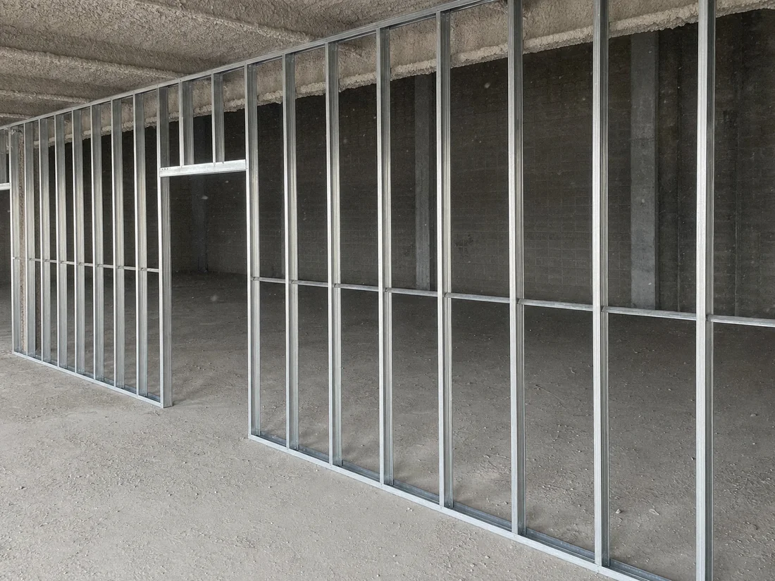 Light-gauge steel stud partition framing with track and in-wall blocking in an empty commercial space